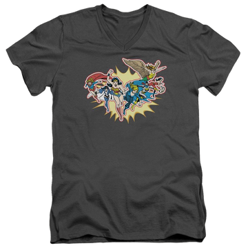 Charcoal men's v-neck t-shirt with Justice League DC Comics Please Get Me graphic