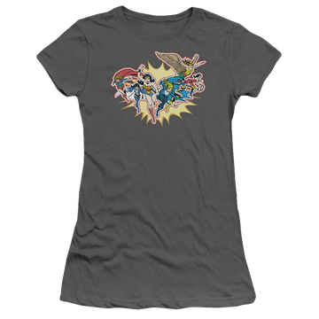 Charcoal juniors t-shirt with Justice League DC Comics Please Get Me graphic