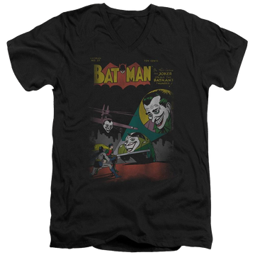 Black men's v-neck t-shirt with Batman DC Comics Wrong Signal graphic