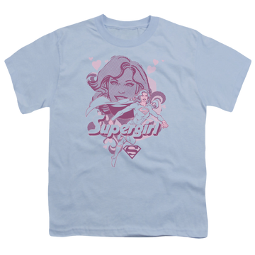 Light blue youth t-shirt for ages 8 to 12 with Superman Supergirl graphic