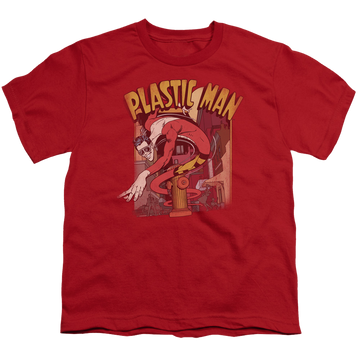 Red youth t-shirt for ages 8 to 12 with Plastic Man Street graphic
