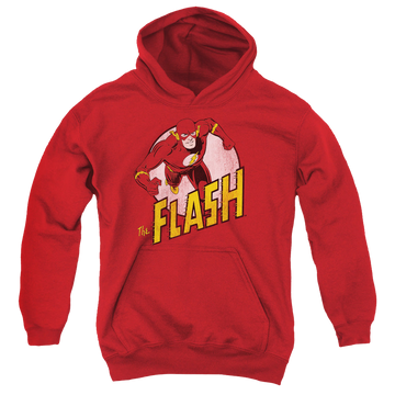 Red youth hoodie for ages 8 to 12 with The Flash graphic
