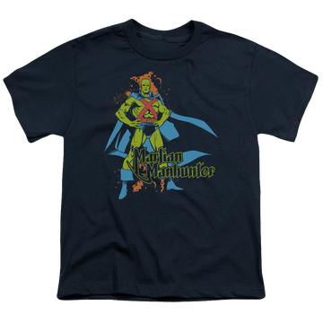 Navy youth t-shirt for ages 8 to 12 with Martian Manhunter graphic
