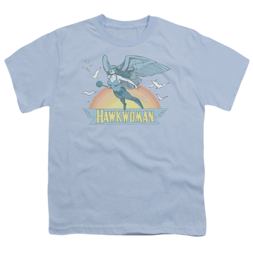 Light blue youth t-shirt for ages 8 to 12 with DC Comics More DC Characters Hawkwoman graphic