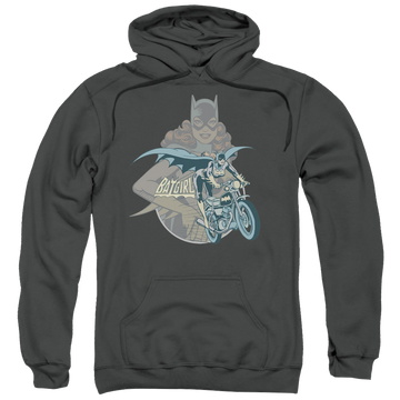 Charcoal pullover hoodie with Batman Batgirl Biker graphic