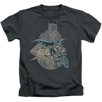 Charcoal kid's t-shirt for ages 4 to 7 with Batman Batgirl Biker graphic