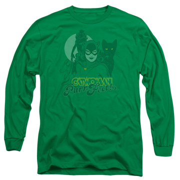 Kelly green men's long sleeve t-shirt with Catwoman Perrfect! graphic