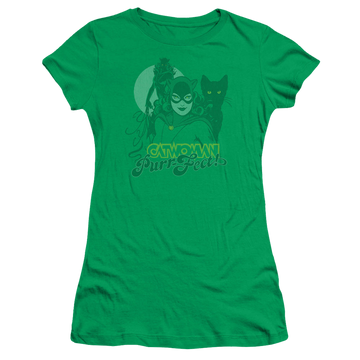 Kelly green juniors t-shirt with Catwoman Perrfect! graphic