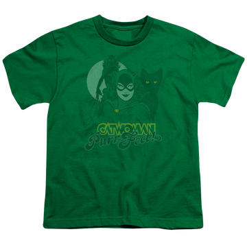Kelly green youth t-shirt for ages 8 to 12 with Catwoman Perrfect! graphic