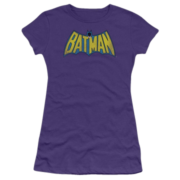 Purple juniors t-shirt with DC Comics Classic Batman Logo Distressed graphic