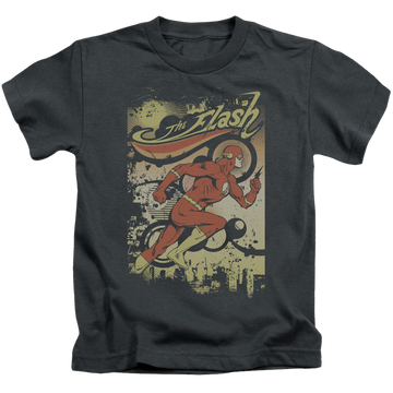 Charcoal kid's t-shirt for ages 4 to 7 with The Flash Just Passing Through graphic