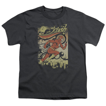 Charcoal youth t-shirt for ages 8 to 12 with The Flash Just Passing Through graphic