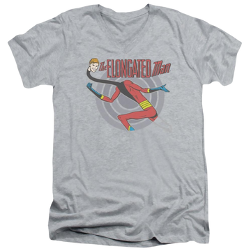 Athletic heather men's v-neck t-shirt with DC Comics Elongated Man graphic
