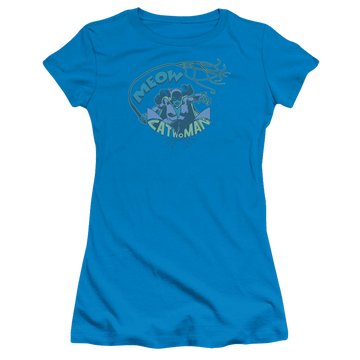 Turquoise juniors t-shirt with Meow Catwoman graphic