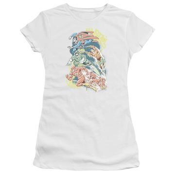 White juniors t-shirt with Justice League DC Comics Halftone League graphic