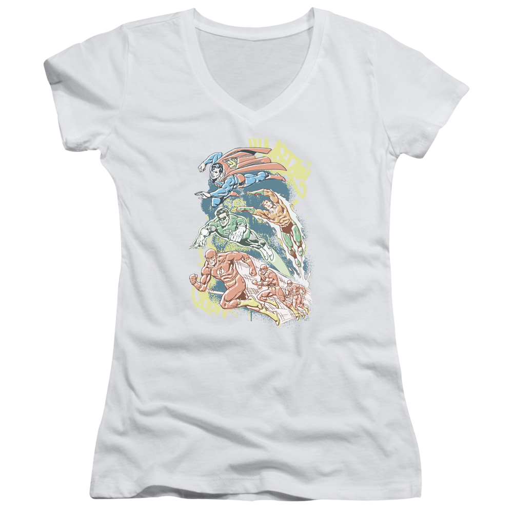 DC Comics Halftone League - Juniors V-Neck T-Shirt Juniors V-Neck T-Shirt Justice League