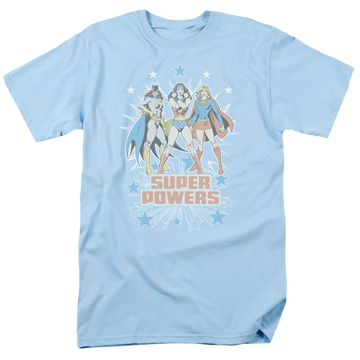 Light blue men's regular fit t-shirt with Justice League Super Powers X3 graphic