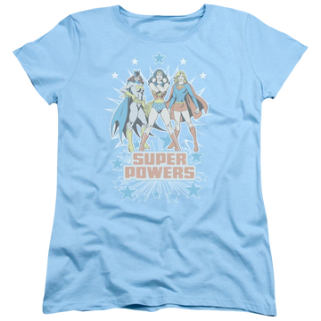 Light blue women's t-shirt with Justice League DC Comics Super Powers X3 graphic