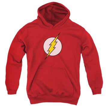 Red youth hoodie for ages 8 to 12 with Flash Logo graphic