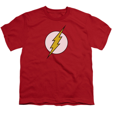 Red youth t-shirt for ages 8 to 12 with Flash Logo graphic