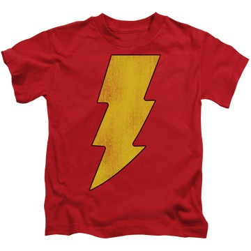 Red kid's t-shirt for ages 4 to 7 with Shazam Logo Distressed graphic