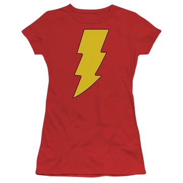 Red juniors t-shirt with DC Comics Shazam Logo graphic