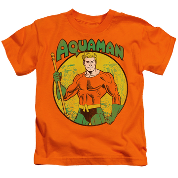 Orange kid's t-shirt for ages 4 to 7 with Aquaman graphic