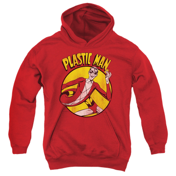Red youth hoodie for ages 8 to 12 with Plastic Man graphic