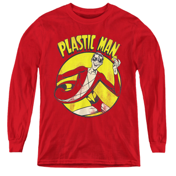 Red youth long sleeve t-shirt with Plastic Man graphic