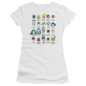 White juniors t-shirt with Justice League DC Comics Superhero Issues graphic
