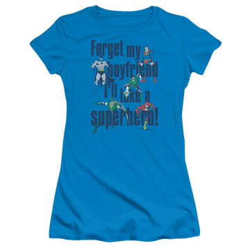 Turquoise juniors t-shirt with Justice League DC Comics Forget My Boyfriend graphic