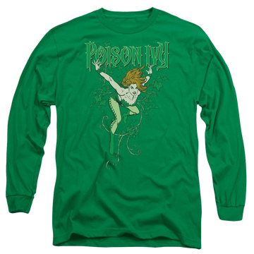 Kelly green men's long sleeve t-shirt with DC Comics Poison Ivy graphic
