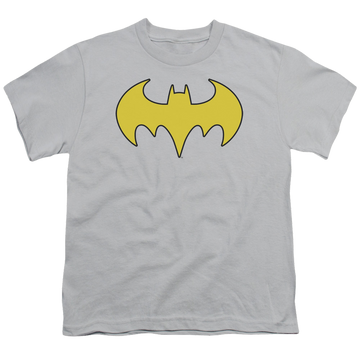 Silver youth t-shirt for ages 8 to 12 with Batman Batgirl Bat Girl Logo graphic
