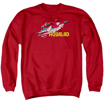 Red men's crewneck sweatshirt with DC Comics Aqualad graphic