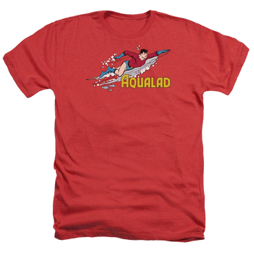 Red men's heather t-shirt with DC Comics Aqualad graphic