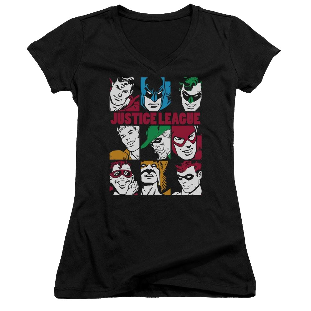 DC Comics Nine Blocks Of Justice - Juniors V-Neck T-Shirt Juniors V-Neck T-Shirt Justice League