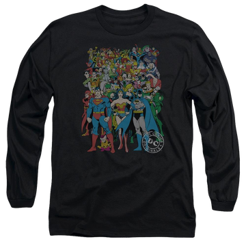 Black men's long sleeve t-shirt with Justice League DC Comics Original Universe graphic