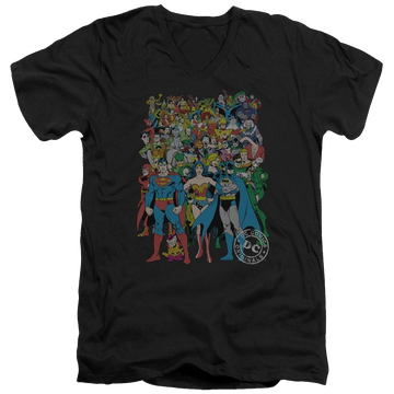 Black men's v-neck t-shirt with Justice League DC Comics Original Universe graphic