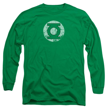 Kelly green men's long sleeve t-shirt with Green Lantern DC Comics Distressed Lantern Logo graphic