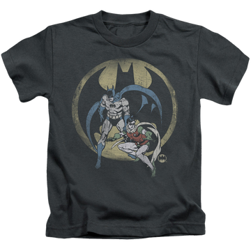 Charcoal kid's t-shirt for ages 4 to 7 with Batman Robin Team graphic