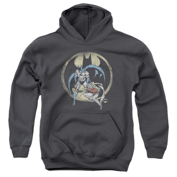 Charcoal youth hoodie for ages 8 to 12 with Batman Robin Team graphic