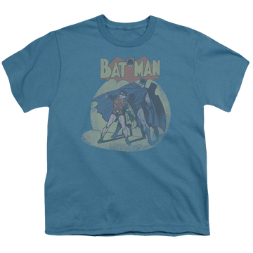 Slate youth t-shirt for ages 8 to 12 with Batman Robin In The Spotlight graphic