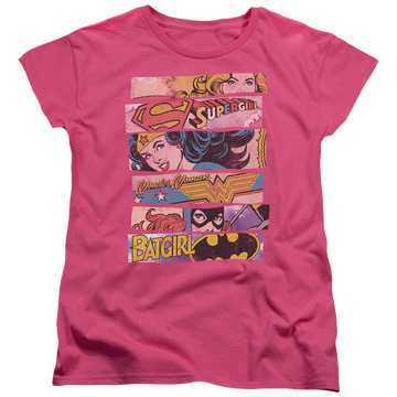 Hot pink women's t-shirt with Justice League DC Comics Three Of A Kind graphic