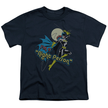 Navy youth t-shirt for ages 8 to 12 with Batman Batgirl Night Person graphic