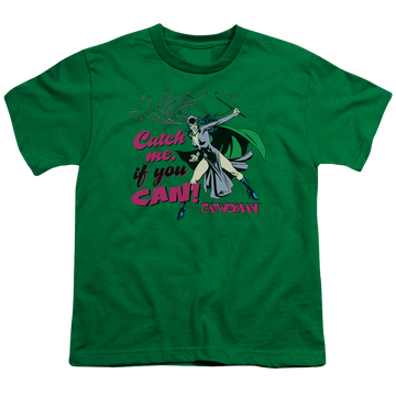 Kelly green youth t-shirt for ages 8 to 12 with Catwoman Catch Me graphic