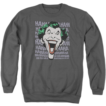 Charcoal men's crewneck sweatshirt with Joker DC Comics Dastardly Merriment graphic