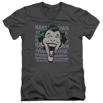 Charcoal men's v-neck t-shirt with Joker DC Comics Dastardly Merriment graphic
