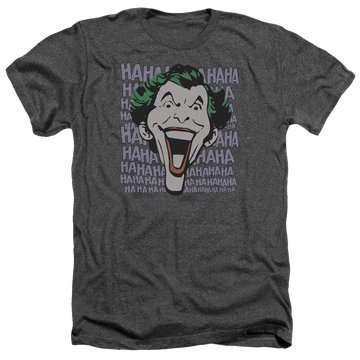Charcoal men's heather t-shirt with Joker DC Comics Dastardly Merriment graphic