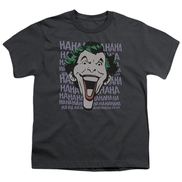 Charcoal youth t-shirt for ages 8 to 12 with Joker Dastardly Merriment graphic