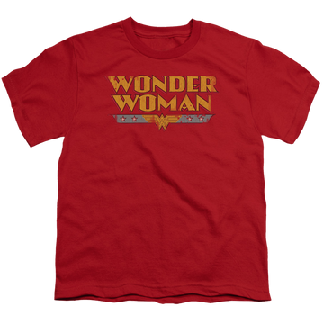 Red youth t-shirt for ages 8 to 12 with Wonder Woman Logo graphic